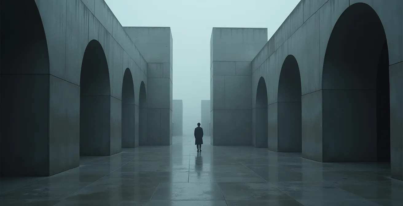 Monument abstrait en béton et pierre créant un espace de recueillement et de méditation, avec jeu de lumière et d'ombre