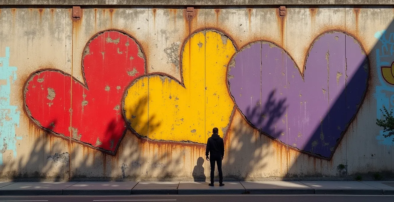 Mur urbain montrant différentes couches de messages sociaux et artistiques superposés