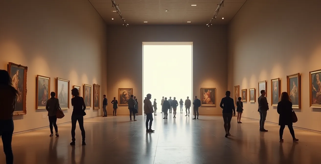 Visiteurs contemplant des œuvres dans une galerie de musée éclairée