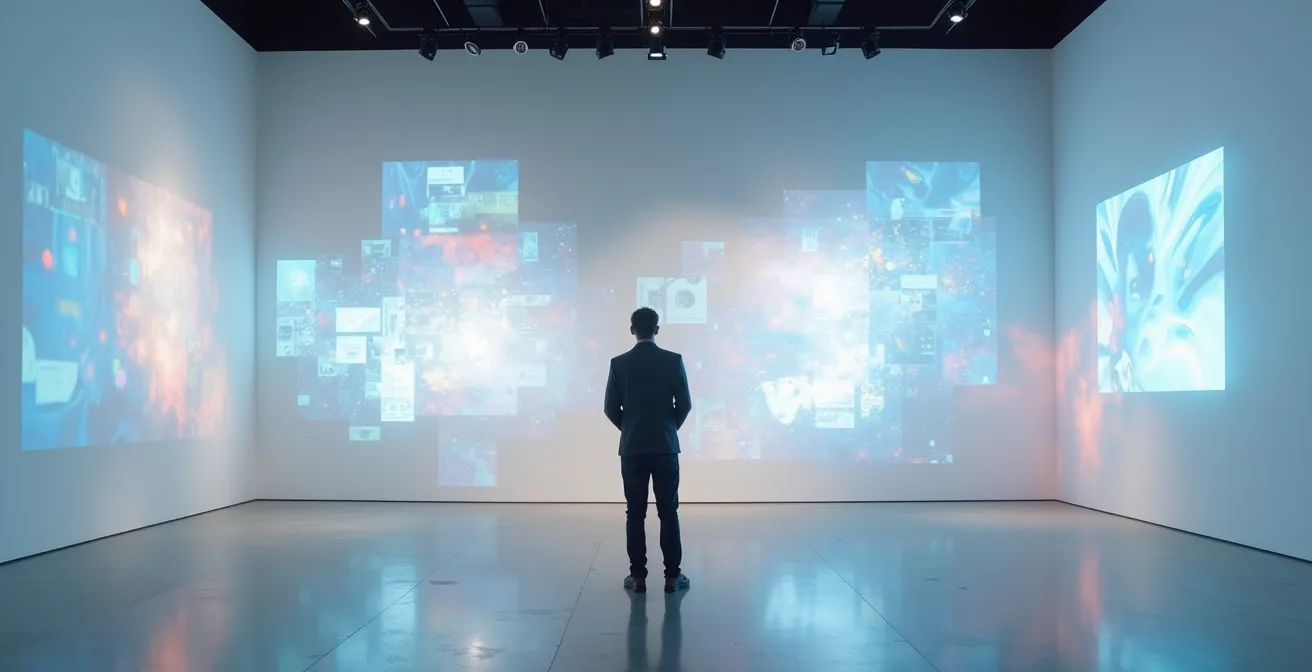 Vue minimaliste d'un espace galerie moderne avec projections holographiques d'œuvres NFT flottant dans l'air