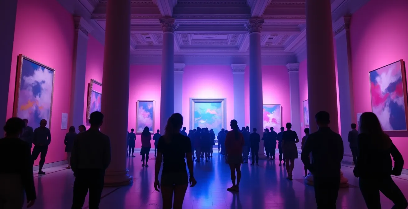 Soirée nocturne dans un musée avec éclairage coloré et jeunes visiteurs dans les espaces d'exposition