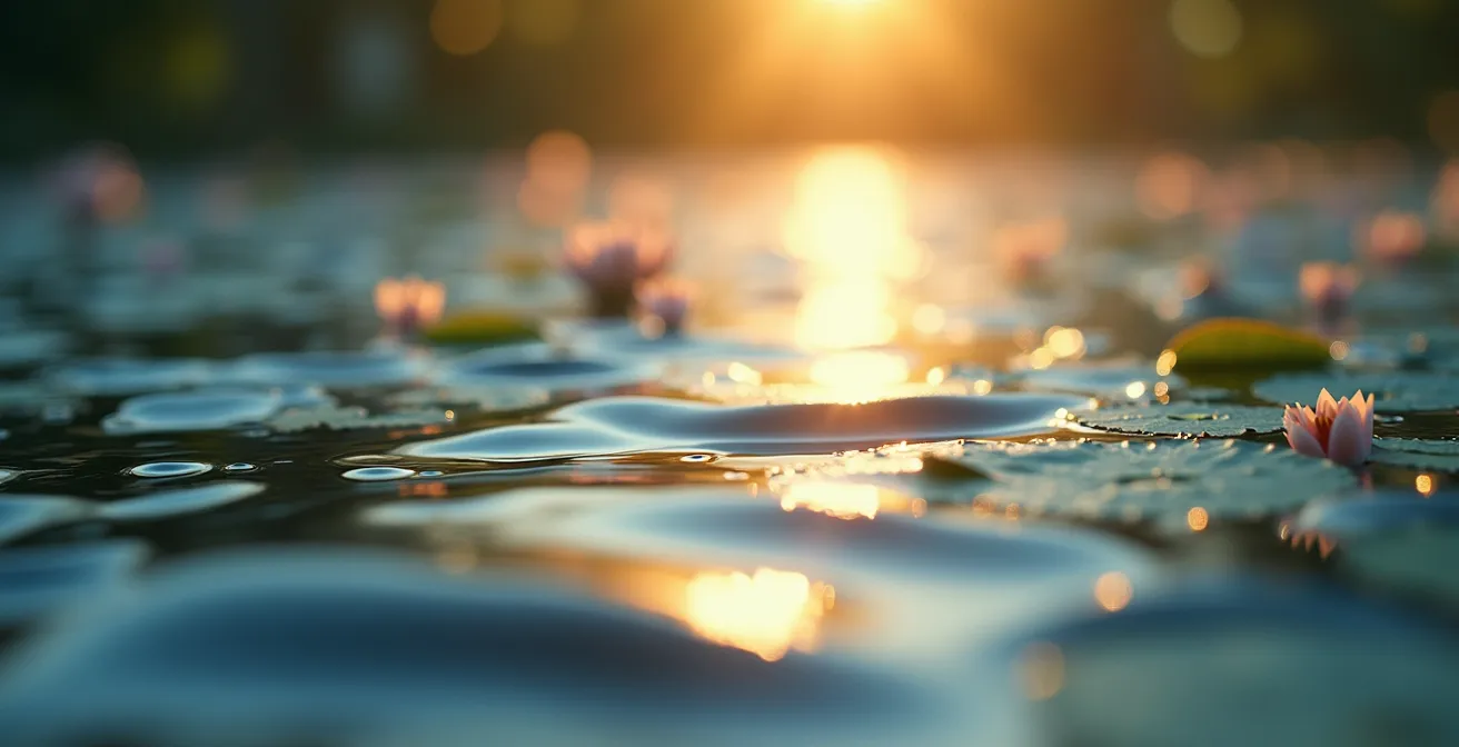 Détail macro de surface d'eau avec reflets de lumière naturelle, abstrait et intuitif, inspiré de la technique impressionniste