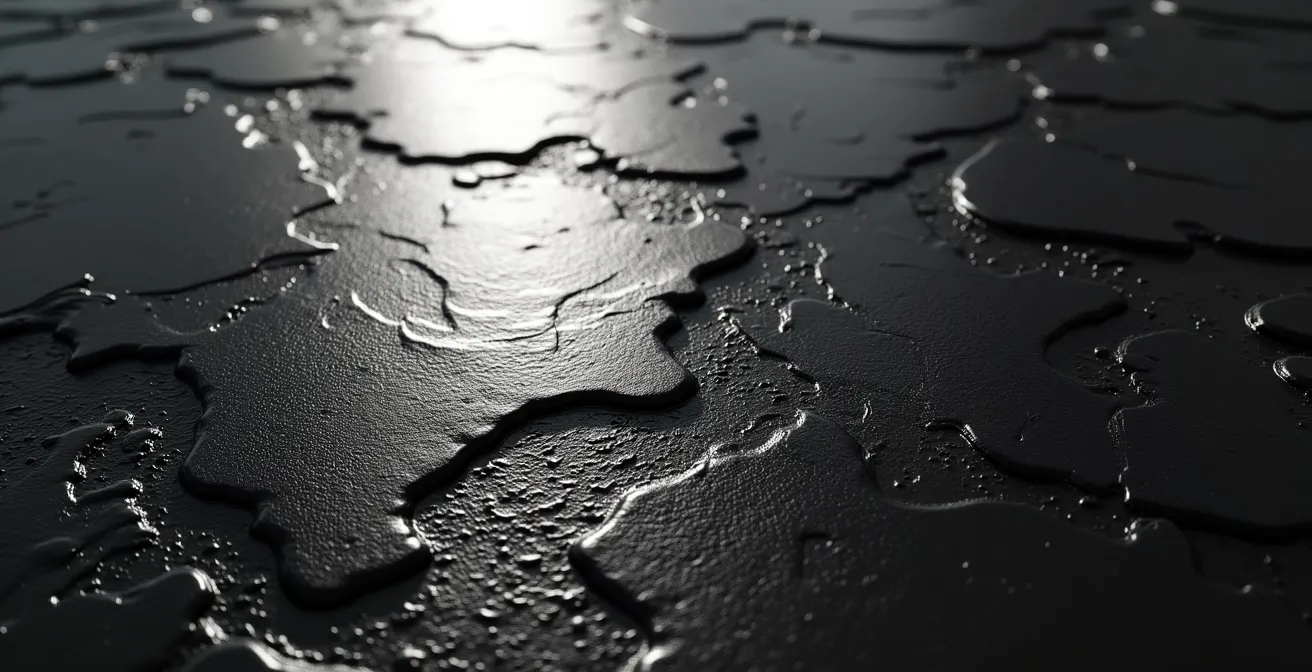 Surface noire texturée avec reflets lumineux créant des variations de gris