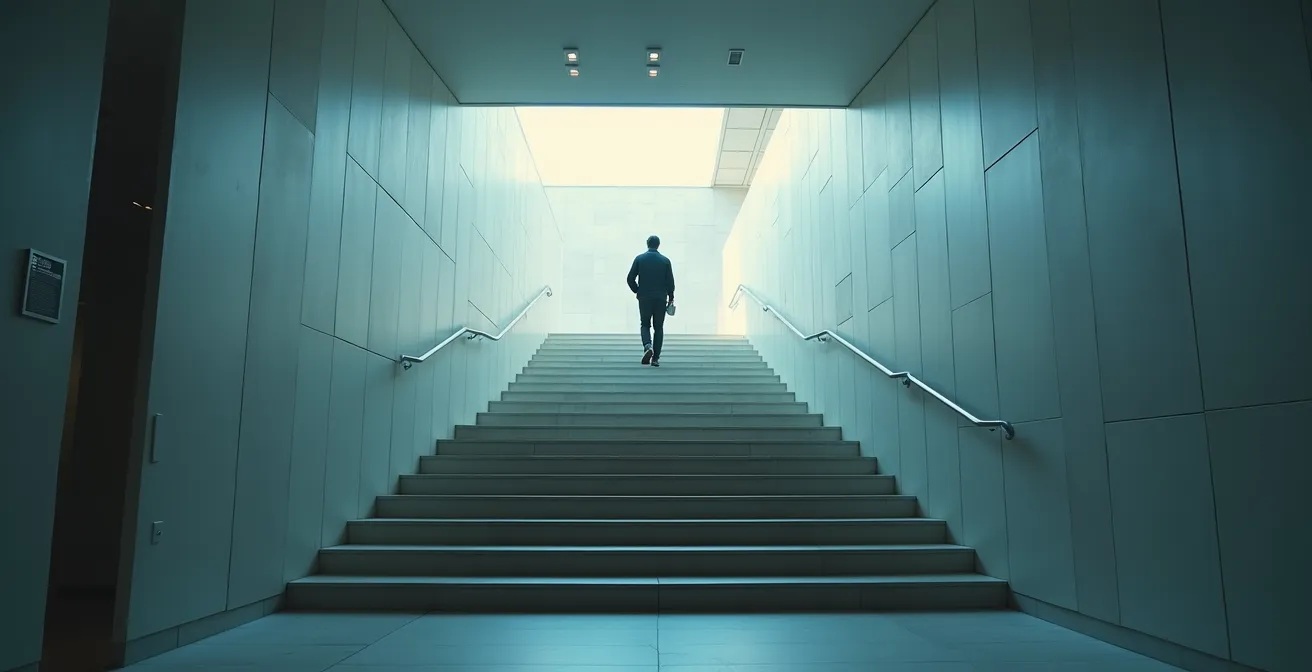 Escaliers modernes de galerie d'art avec murs épurés et géométrie abstraite, perspective en fuite suggérant la découverte artistique