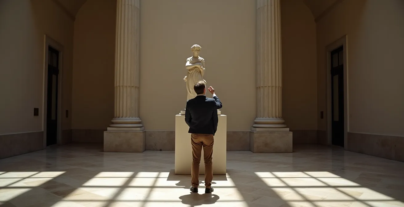 Visiteur mimant inconsciemment la posture du Penseur de Rodin au musée