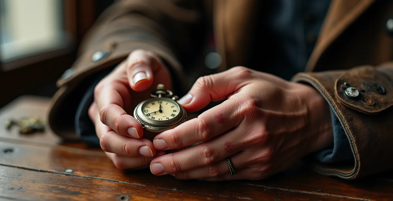 Portrait rapproché montrant les détails vestimentaires et accessoires d'un personnage qui racontent son histoire personnelle