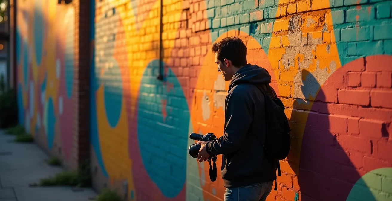 Photographe capturant une œuvre de street art sur un mur parisien avec équipement professionnel