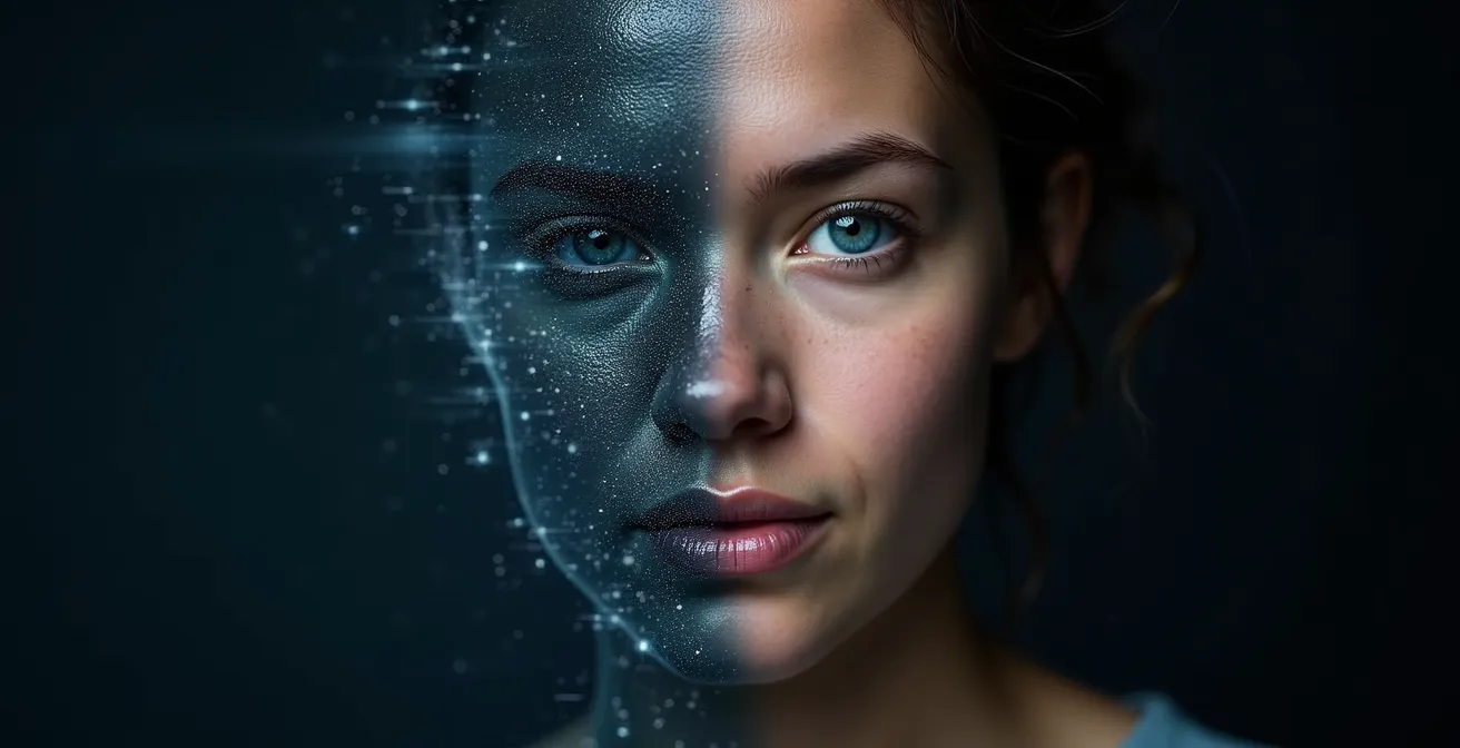 Portrait humain se dissolvant progressivement en pixels et données numériques, symbolisant la frontière floue entre réel et artificiel