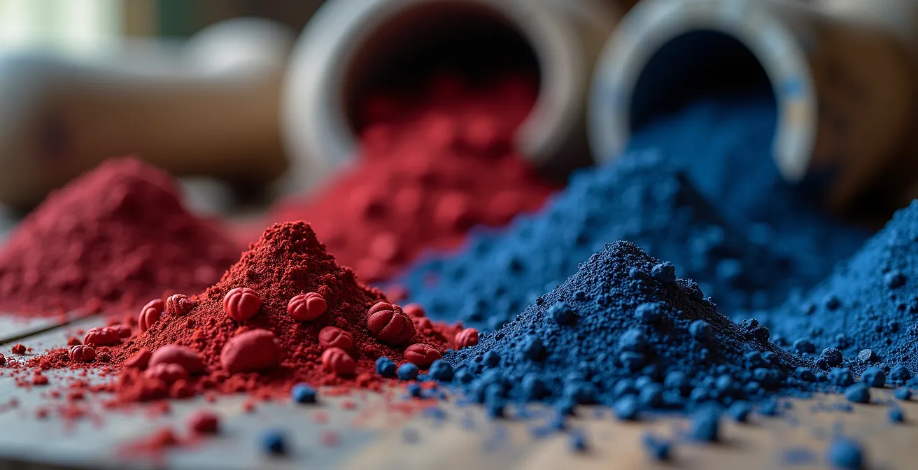 Gros plan macro sur des insectes cochenilles séchés et du pastel bleu de guède dans des mortiers anciens