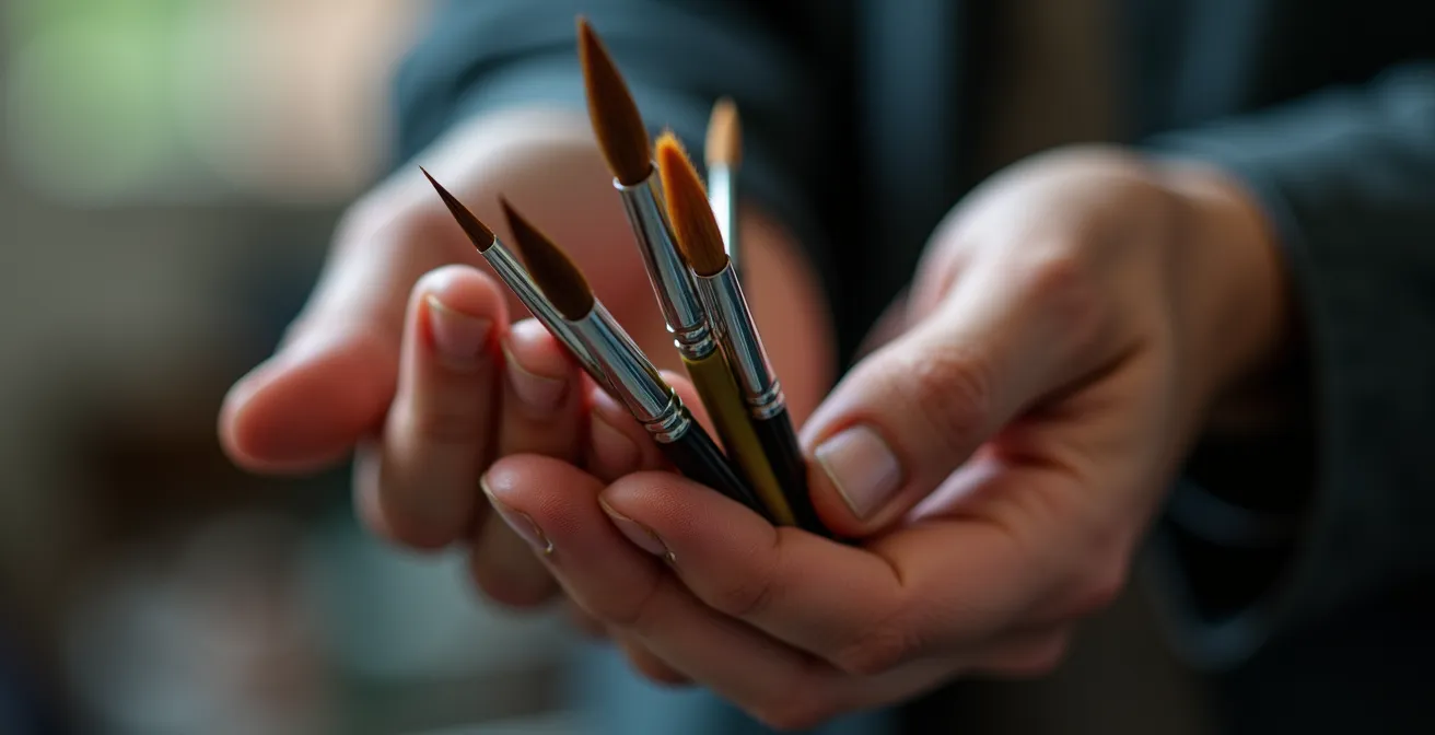 Collection de pinceaux d'artiste montrant différentes textures de poils et formes