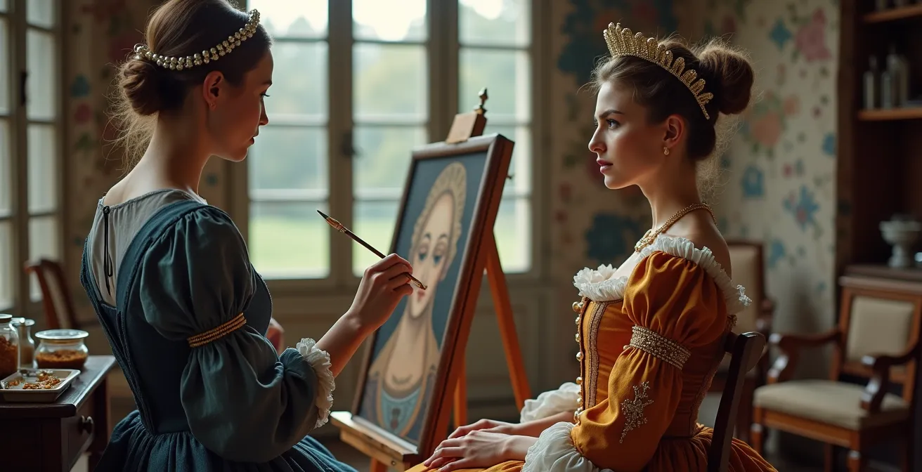 Artiste peignant le portrait d'une dame de la cour dans un atelier Renaissance français