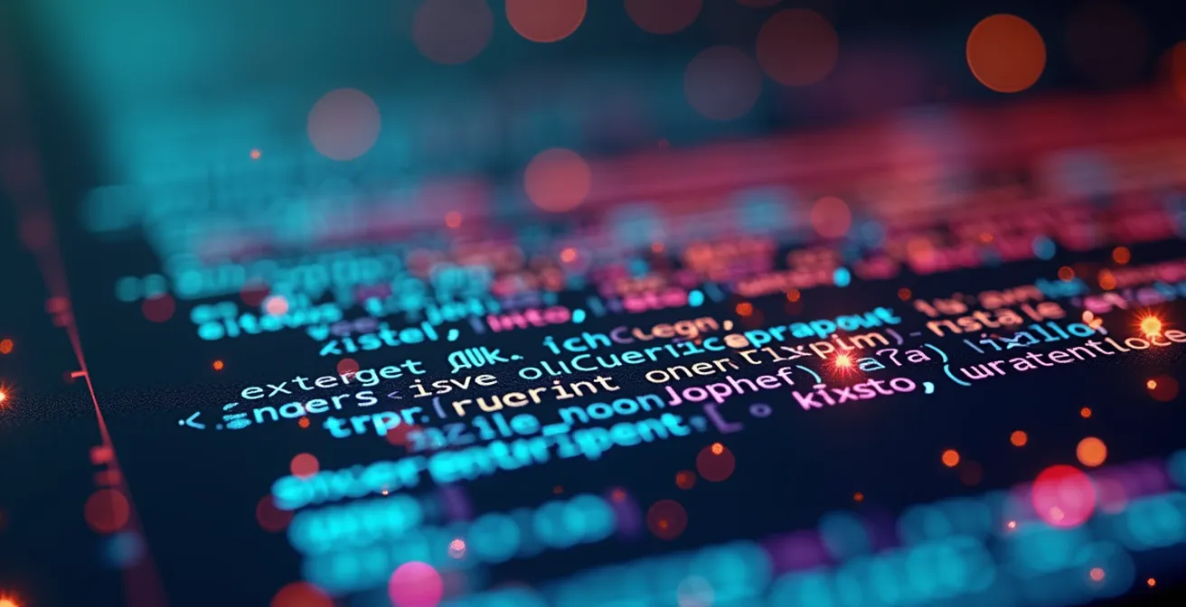 Gros plan macro sur un écran montrant des lignes de code colorées se transformant en motifs artistiques abstraits