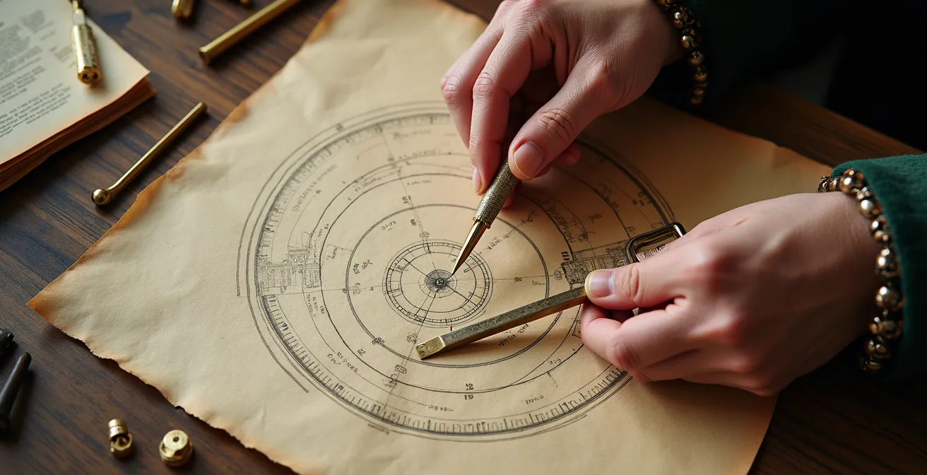 Instruments scientifiques de la Renaissance disposés artistiquement avec des éléments architecturaux