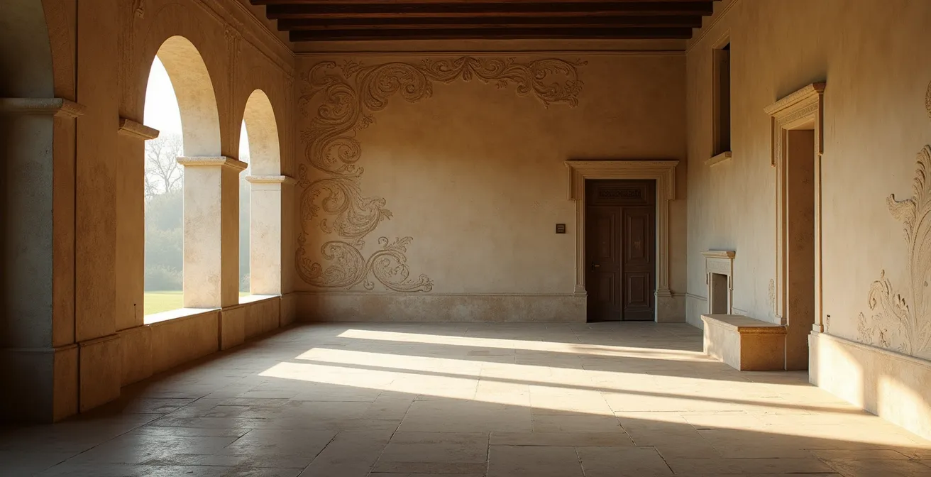 Atelier Renaissance à Fontainebleau avec artistes travaillant, murs ornés de fresques italianisantes, fenêtres laissant entrer une lumière douce