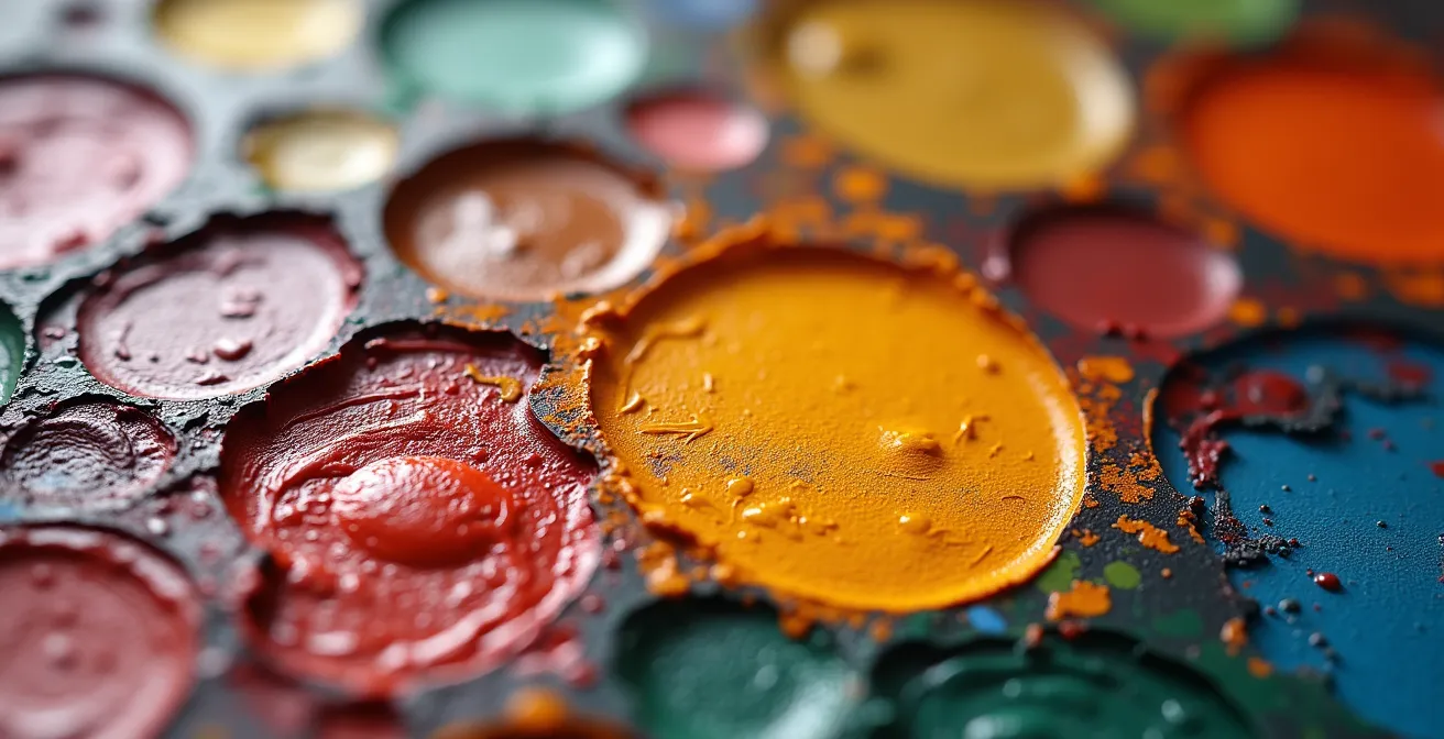 Détail macro d'une palette de peintre Renaissance montrant les riches pigments vénitiens