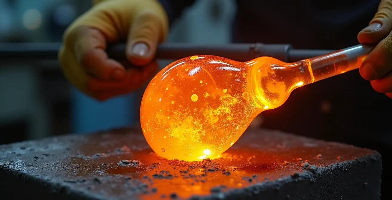 Sculpture en verre soufflé contemporaine jouant avec la lumière et les reflets dans un atelier d'artiste