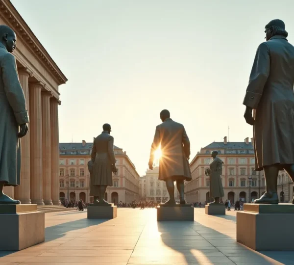 Sculptures géantes en acier et pierre dominant un paysage urbain moderne, créant un dialogue entre l'architecture contemporaine et classique