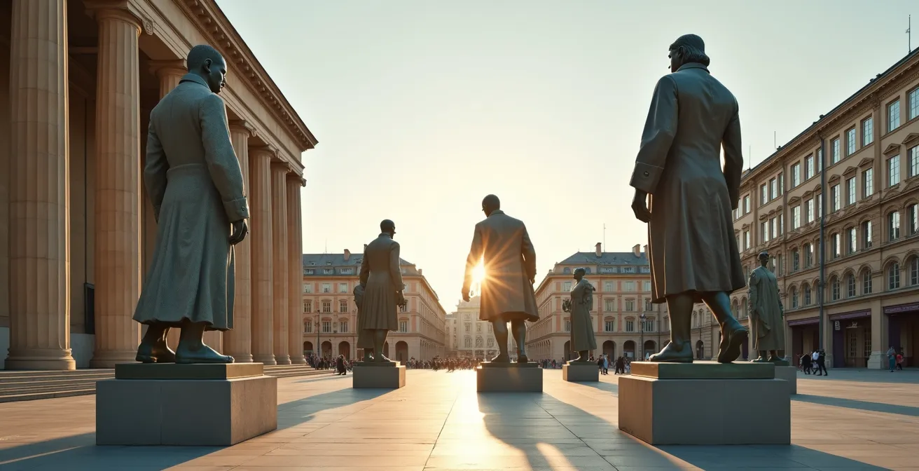 Sculptures géantes en acier et pierre dominant un paysage urbain moderne, créant un dialogue entre l'architecture contemporaine et classique