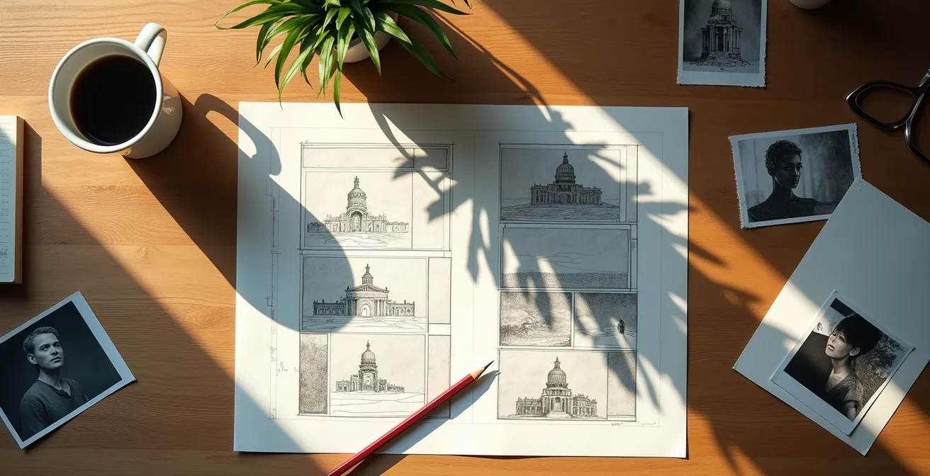 Vue en plongée d'un bureau d'artiste avec croquis et planches de storyboard éparpillés