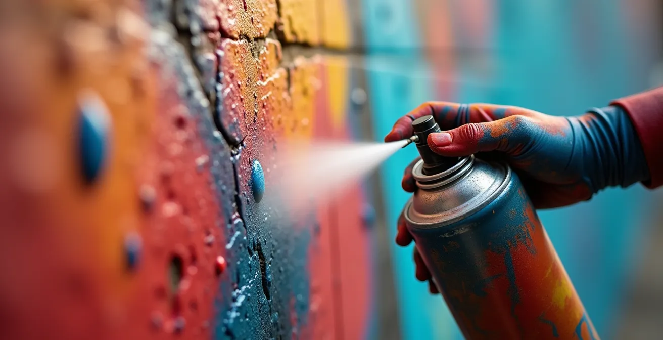 Vue macro détaillée d'une main tenant une bombe de peinture en train de créer des détails colorés sur un mur texturé