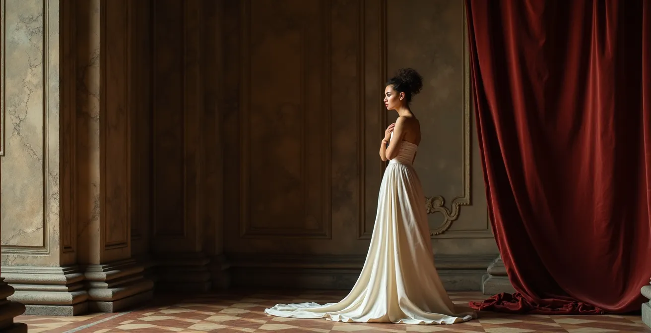 Mise en scène photographique évoquant une peinture classique dans un espace contemporain