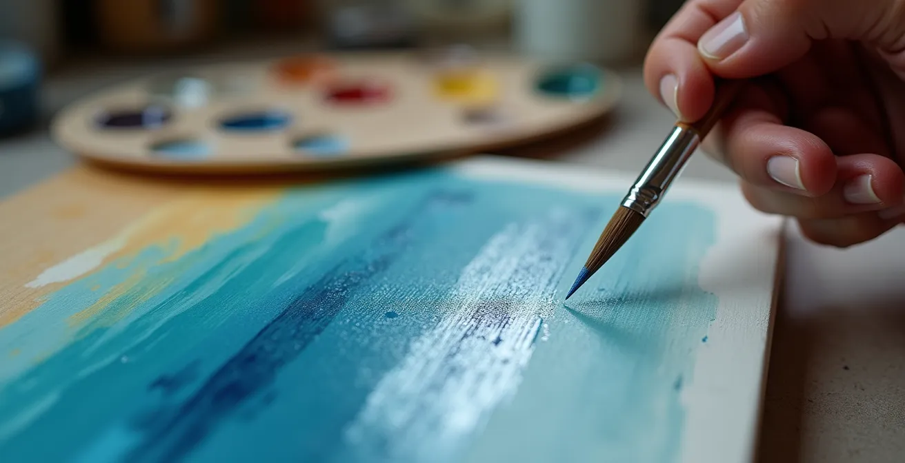 Vue rapprochée d'un pinceau appliquant un glacis translucide sur une toile, révélant les couches sous-jacentes