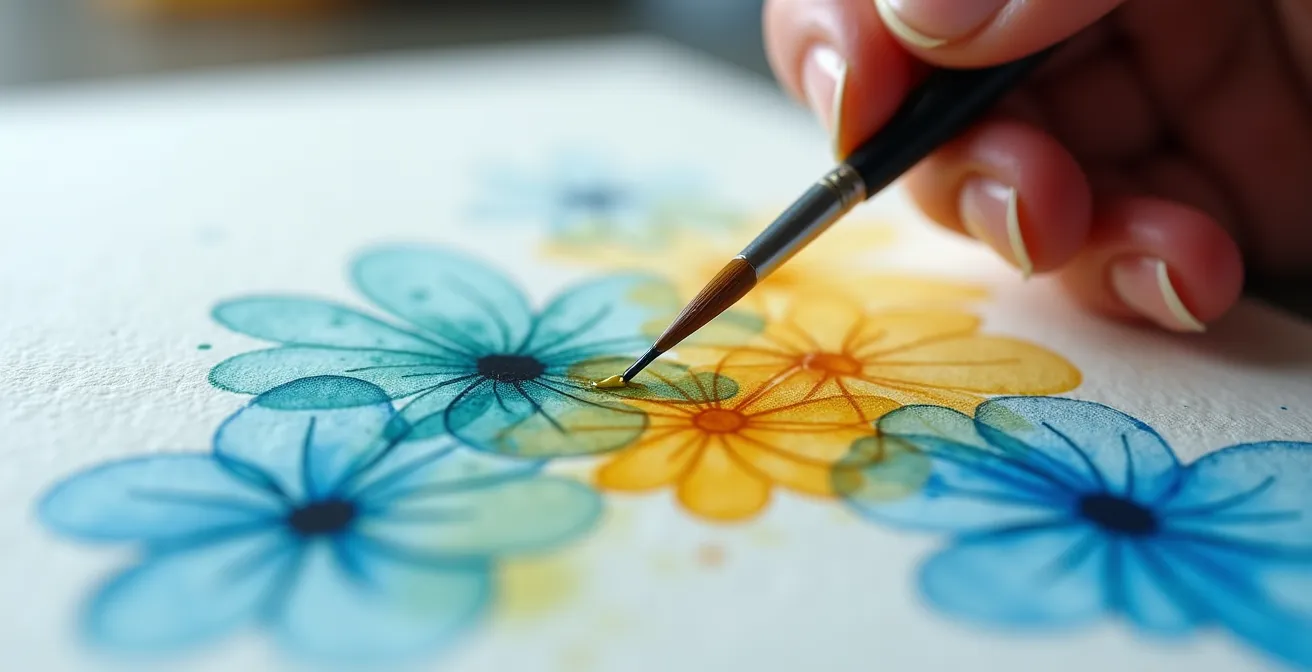 Démonstration en gros plan de la technique mouillé sur mouillé avec fusion des couleurs