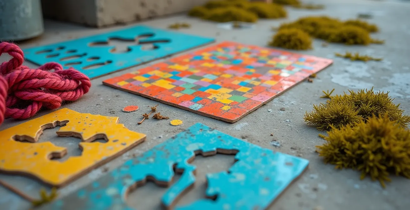 Gros plan sur des outils et matériaux de street art disposés sur une surface urbaine texturée