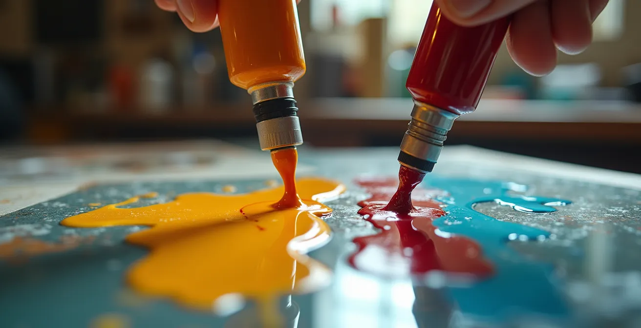 Tubes de peinture à l'huile et acrylique disposés sur palette d'artiste