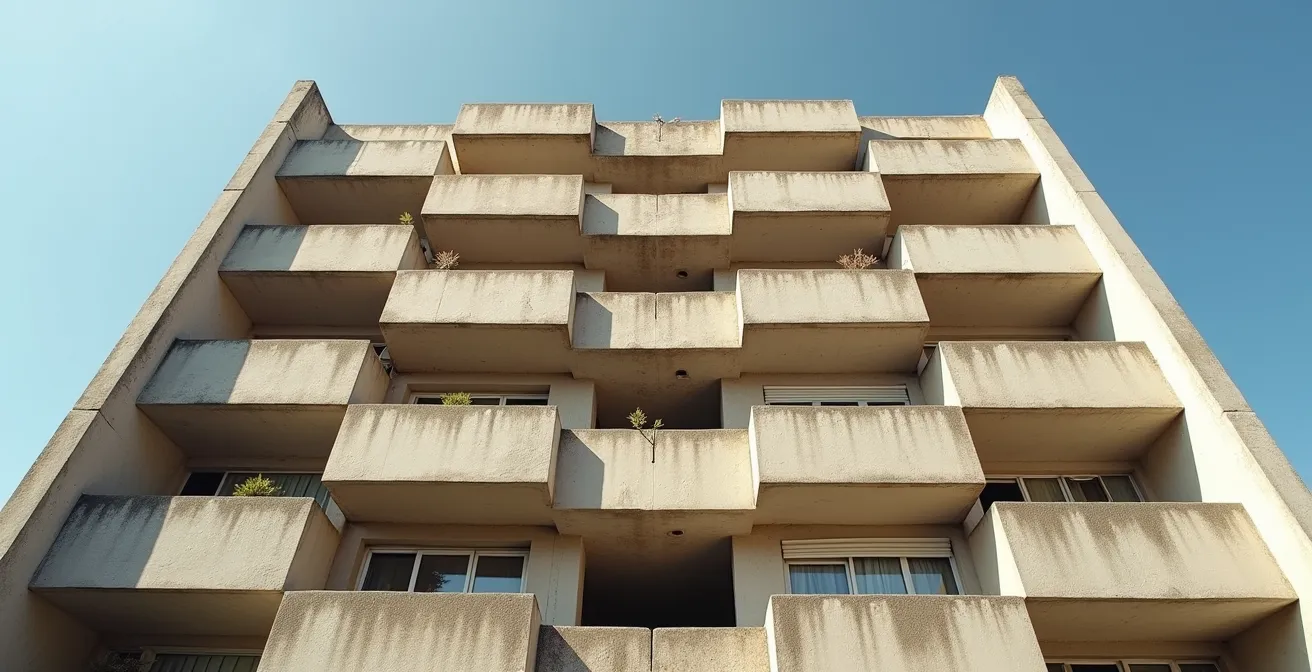 Vue architecturale de l'Unité d'habitation de Marseille montrant la structure en béton brut et les lignes modernistes