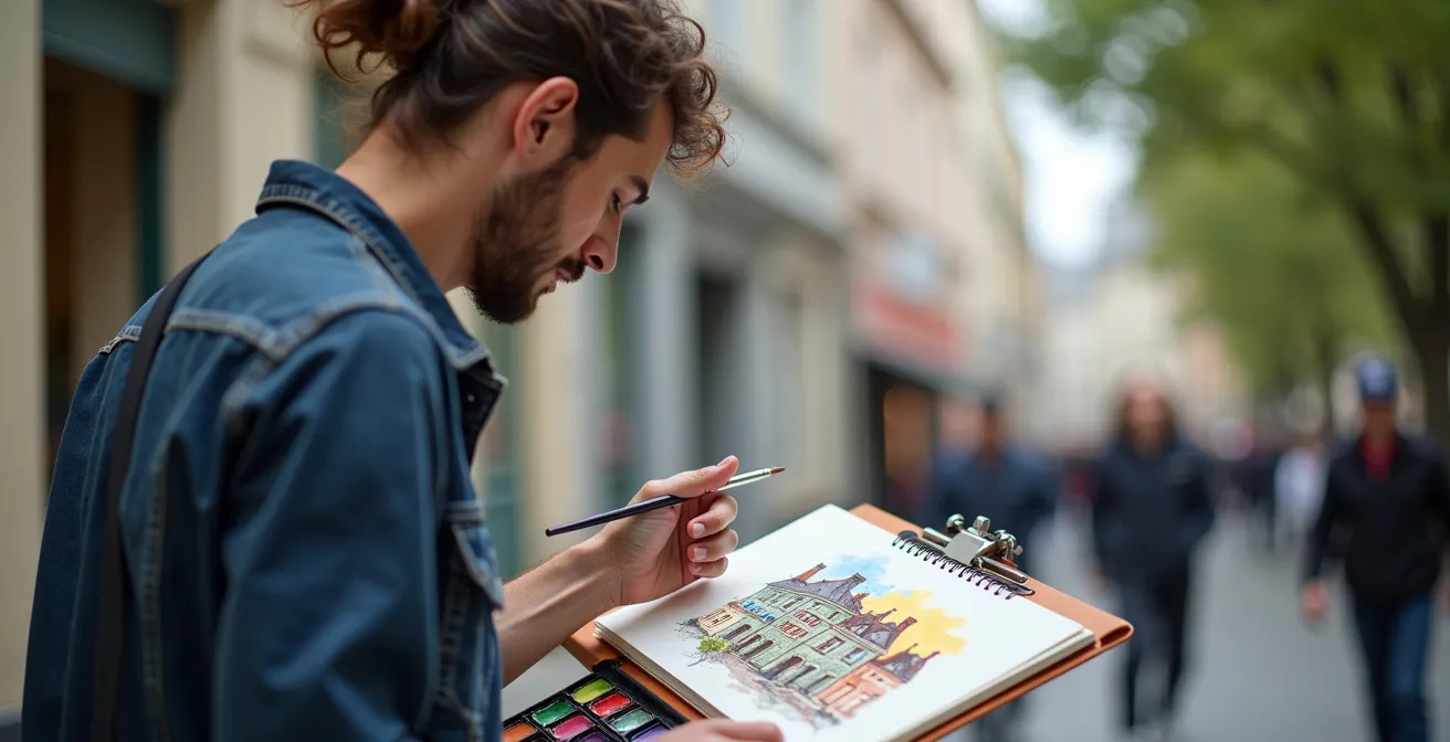 Urban sketcher dessinant dans une rue parisienne avec carnet et aquarelle portable
