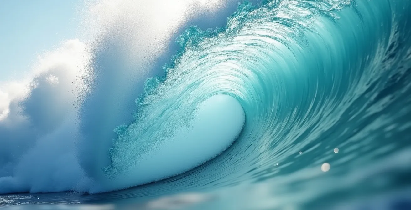 Vague monumentale avec écume blanche capturée en gros plan