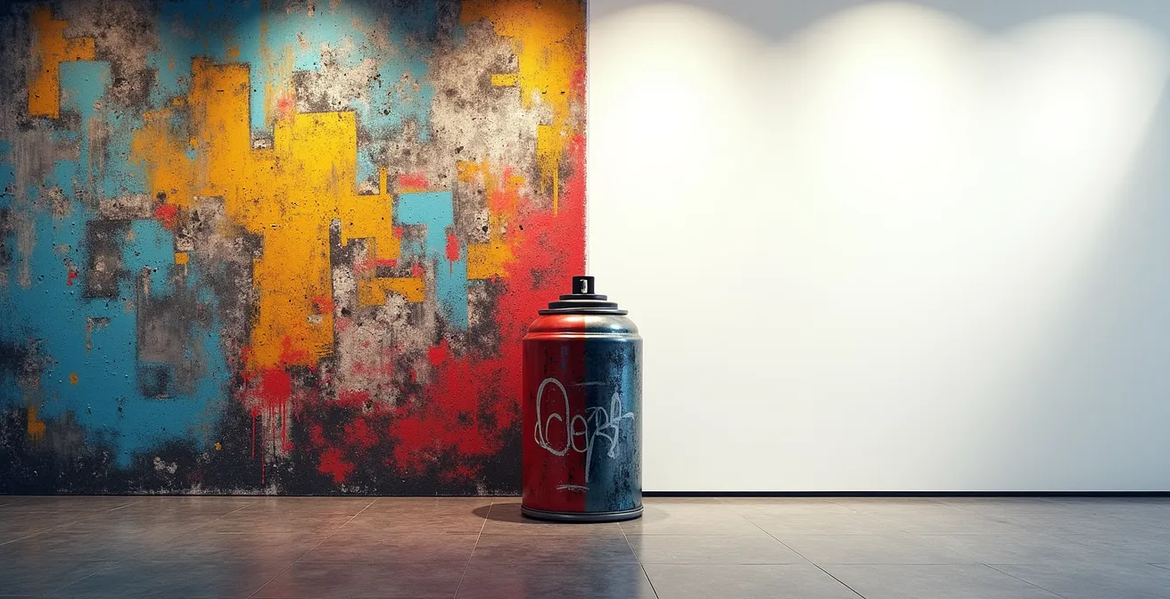Représentation symbolique de l'évolution du street art depuis les murs de rue jusqu'aux institutions culturelles