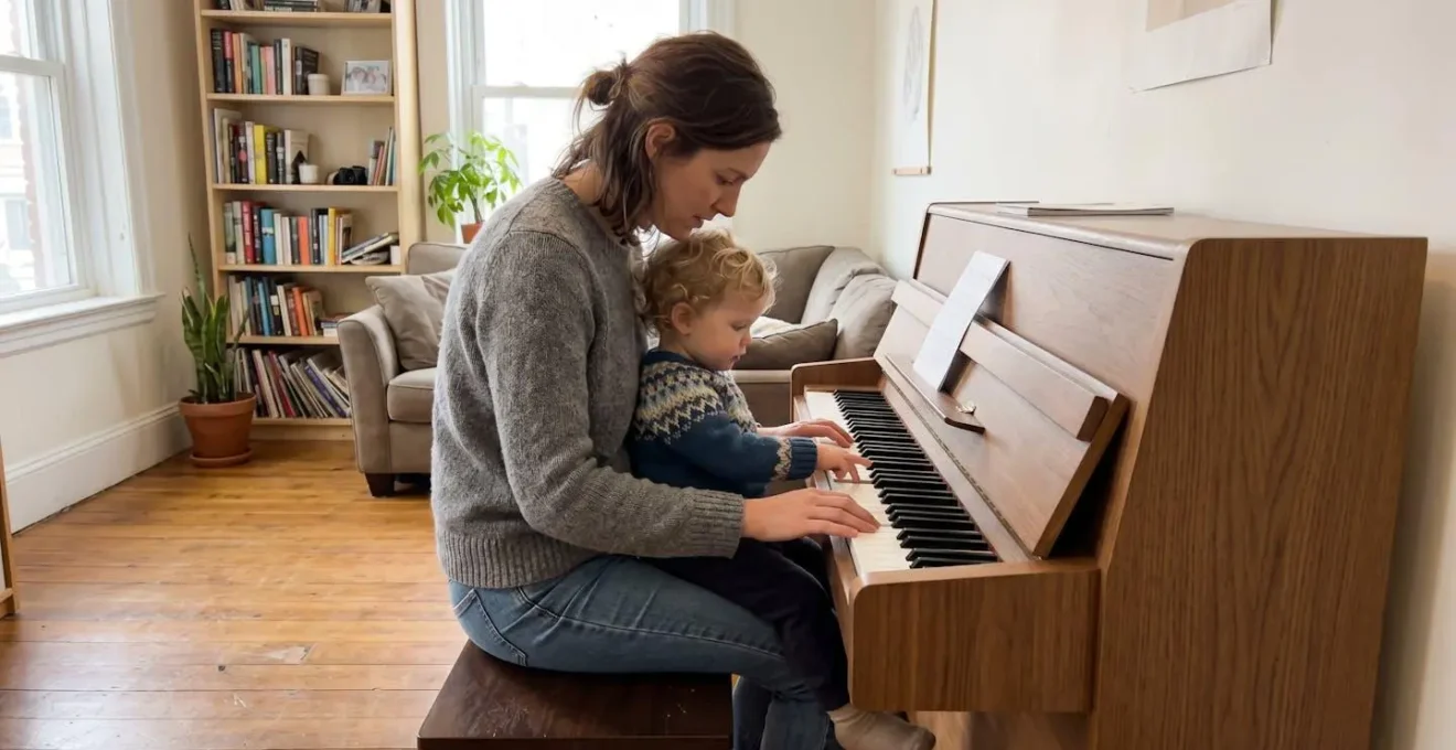 Un parent et un tout-petit de 18 mois assis côte à côte explorent ensemble les touches d'un piano dans une pièce lumineuse contemporaine