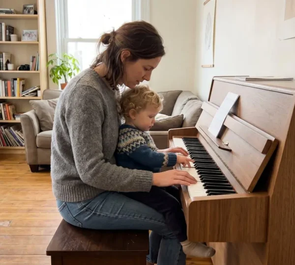 Un parent et un tout-petit de 18 mois assis côte à côte explorent ensemble les touches d'un piano dans une pièce lumineuse contemporaine
