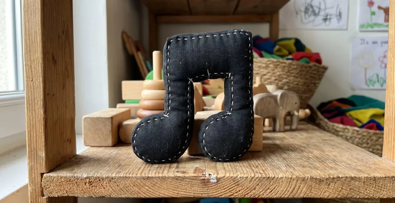 Gros plan extrême sur une peluche musicale éducative douce représentant une note de musique, avec arrière-plan flou moderne