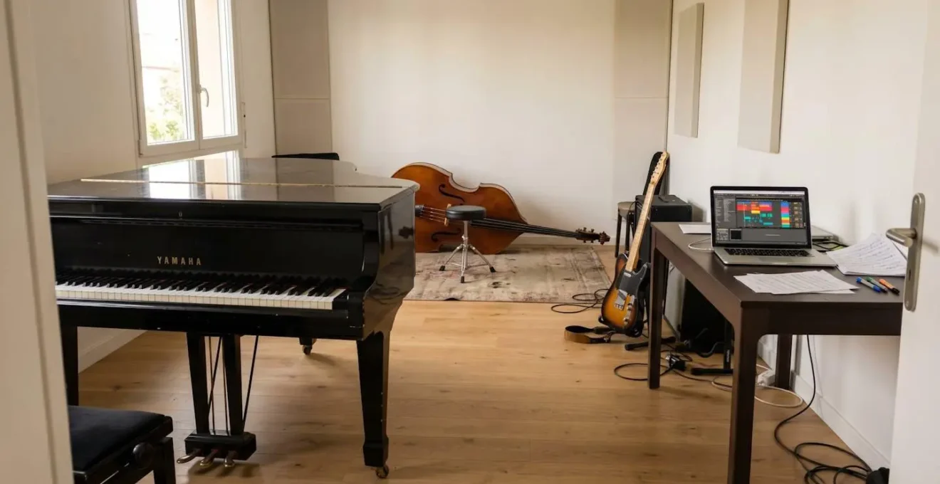Vue grand angle d'une salle d'atelier musical contemporaine avec piano, guitare et contrebasse disposés dans un espace épuré et lumineux